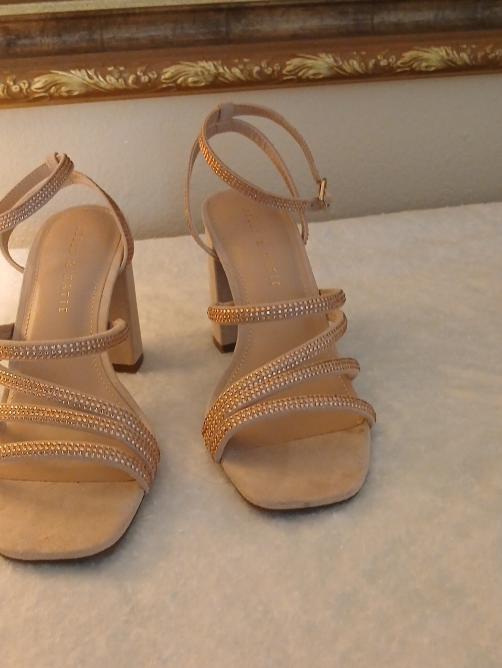 Beige Strappy Block 4 Inch  Heel Sandals with Rhinestone Accents